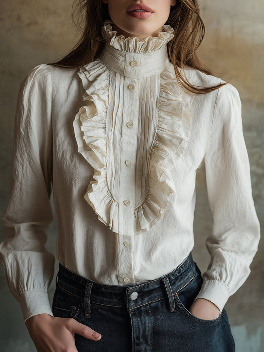 Vintage Cotton Blend Ruffle Placket Blouse