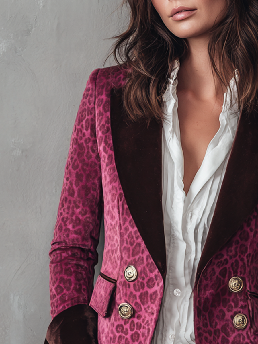 Vintage Contrast Cuffs Leopard Print Polyester Velvet Blazer
