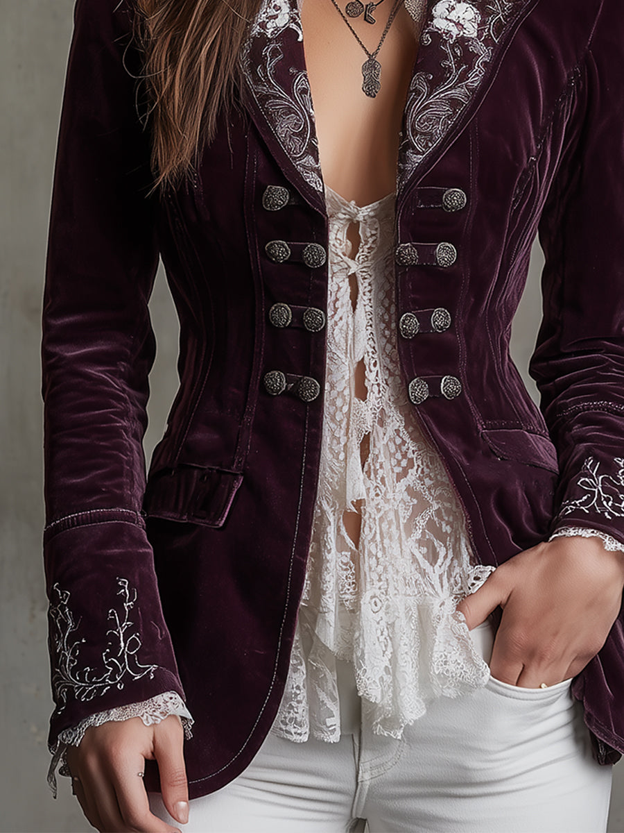 Vintage Velvet Embroidered Metal Buckle Embellished Jacket