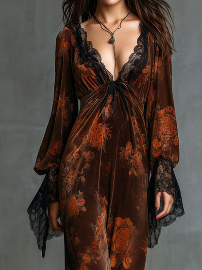 Boho Deep V Neck Floral Print Velvet Gown Dress With Lace Trim