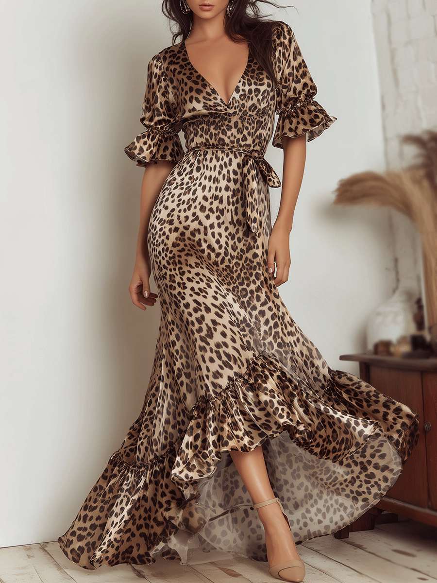 Elegance Leopard Satin Ruffle Maxi Dress
