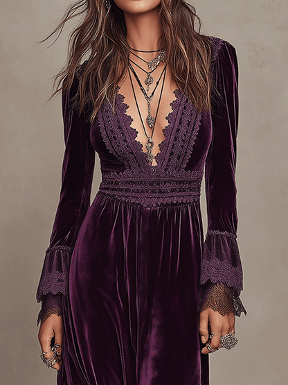 Elegance Boho Velvet Deep-V  Lace Bohemian Maxi Dress
