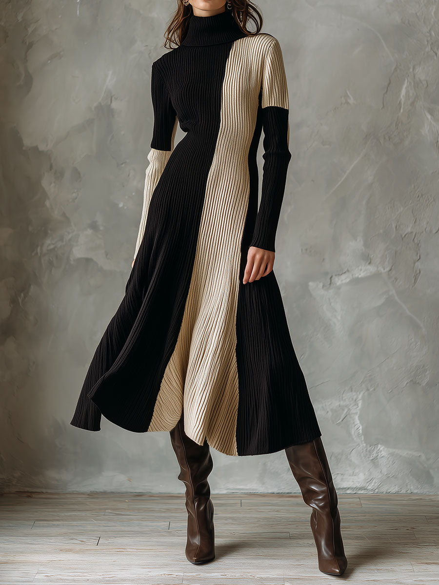High Neck Color Block Ribbed Knit Fit-and-Flare Midi Dress