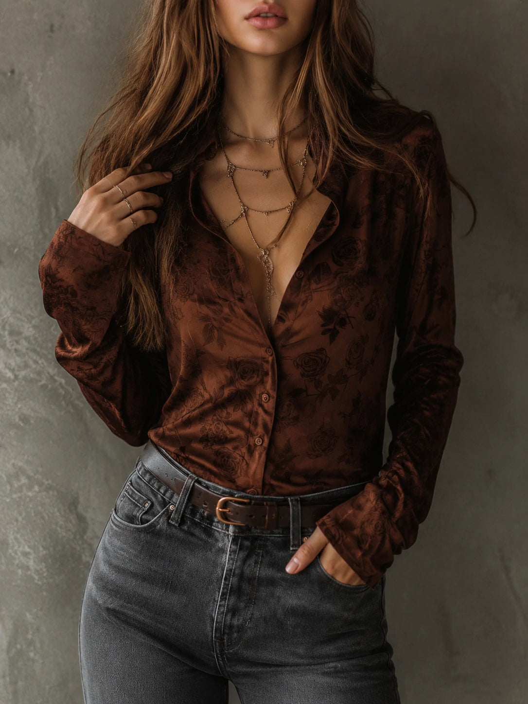 Vintage Rose Pattern Brown Button-Down Shirt