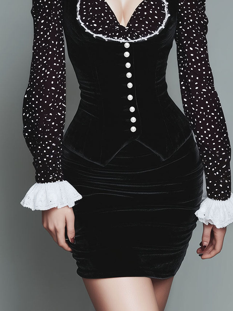 Elegant Polka Dot Velvet Bodycon Mini Dress With Lace Trim