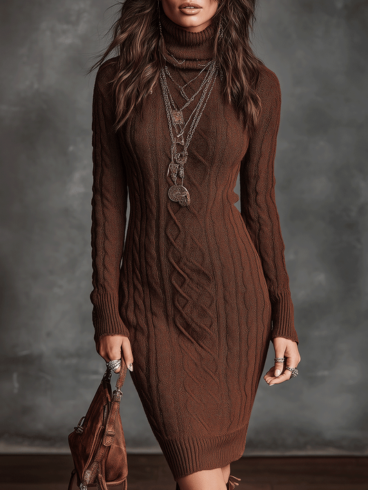 Retro Brown Cable Knit Turtleneck Bodycon Mini Dress