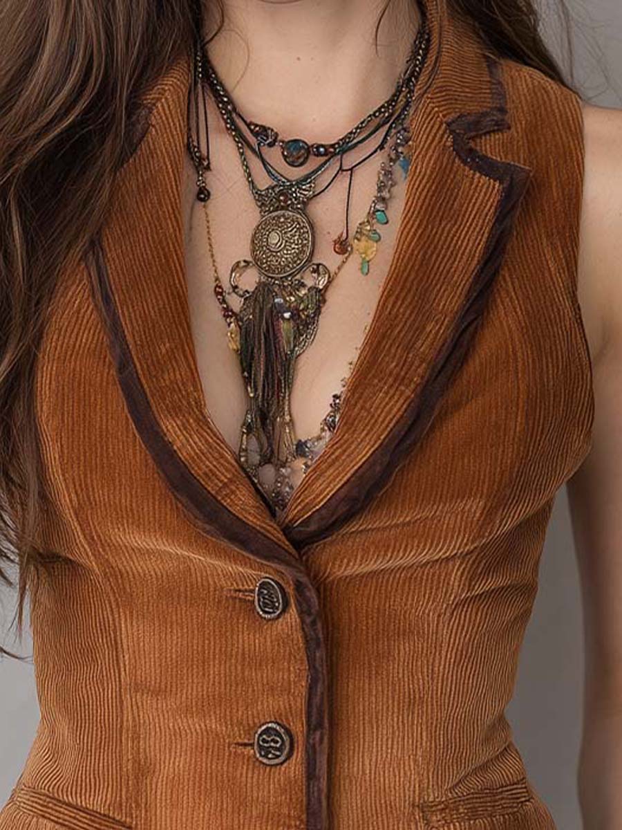 Retro Bohemian Contrast Piping Corduroy Slim Vest