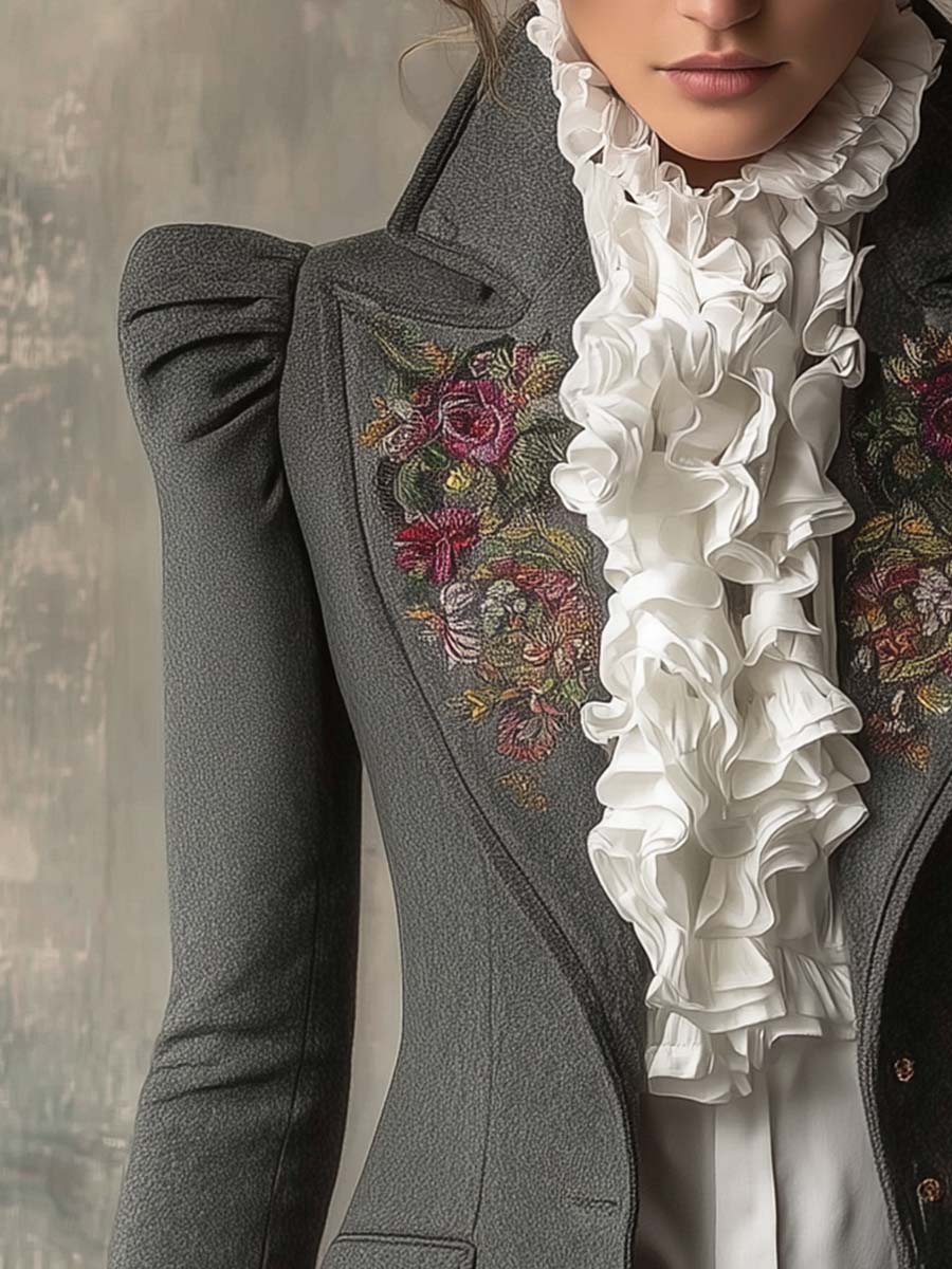 Vintage Wool-Blend Embroidered Tailored Blazer With Ruffled Cuffs
