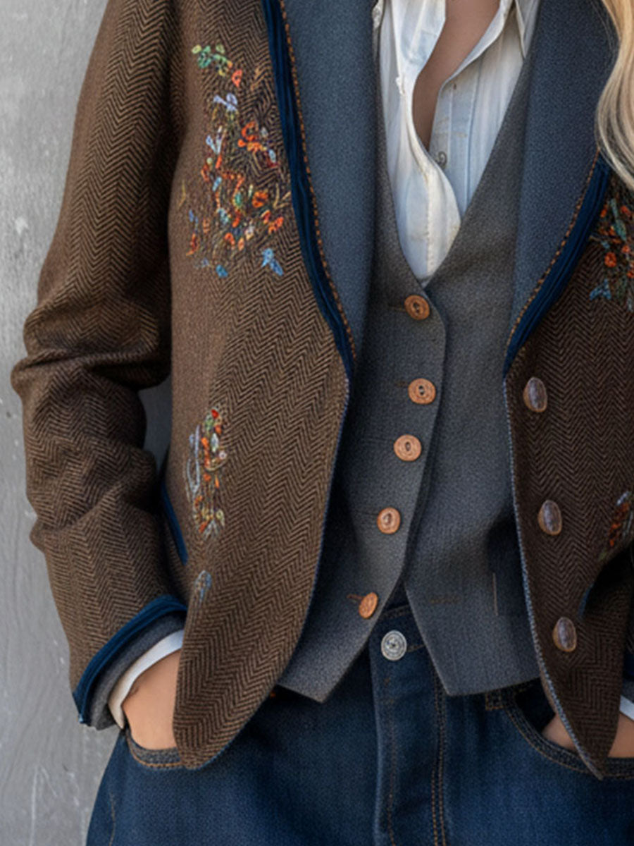 Bohemian Brown Herringbone Embroidered Blazer