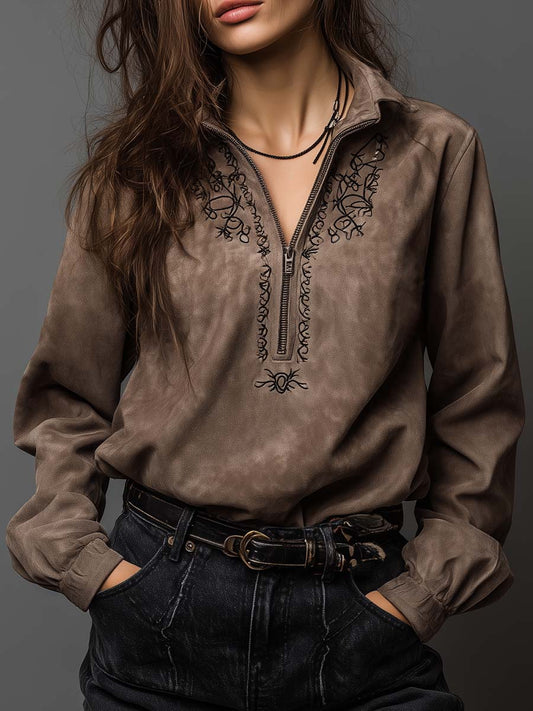 Vintage-Inspired Taupe Suede Embroidered Zip Top