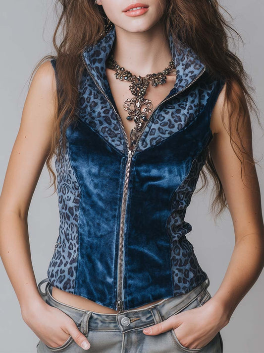 Vintage Contrast Leopard Detail Velvet Zip-up Vest