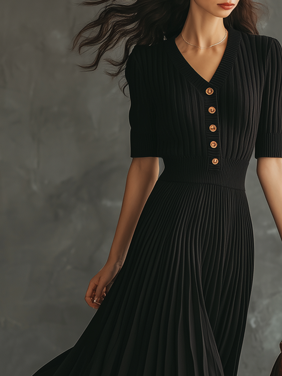 Retro Half Sleeves Pleated Knitted Maxi Dress
