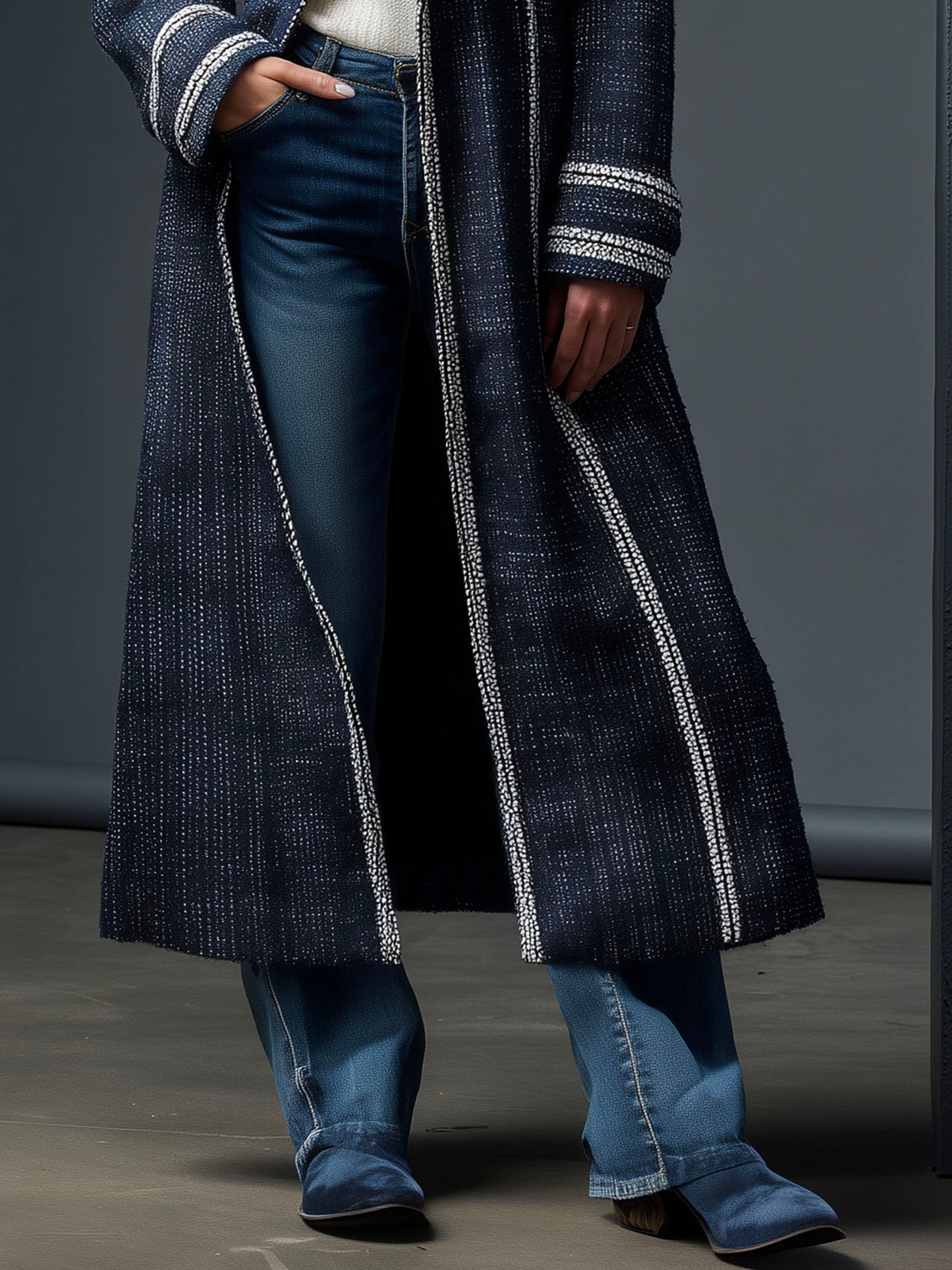 Vintage Navy Double-Braided Trim Long Tweed Jacket