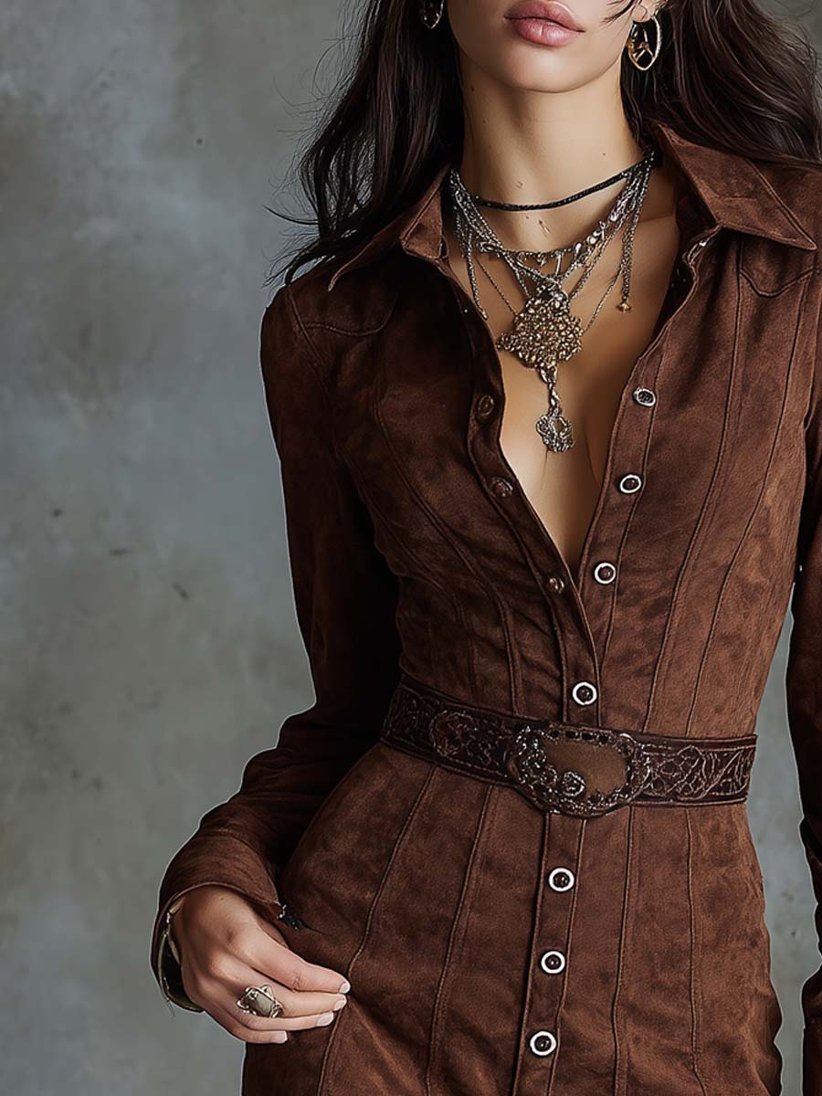 Retro Polyester Suede Shirt Mini Dress