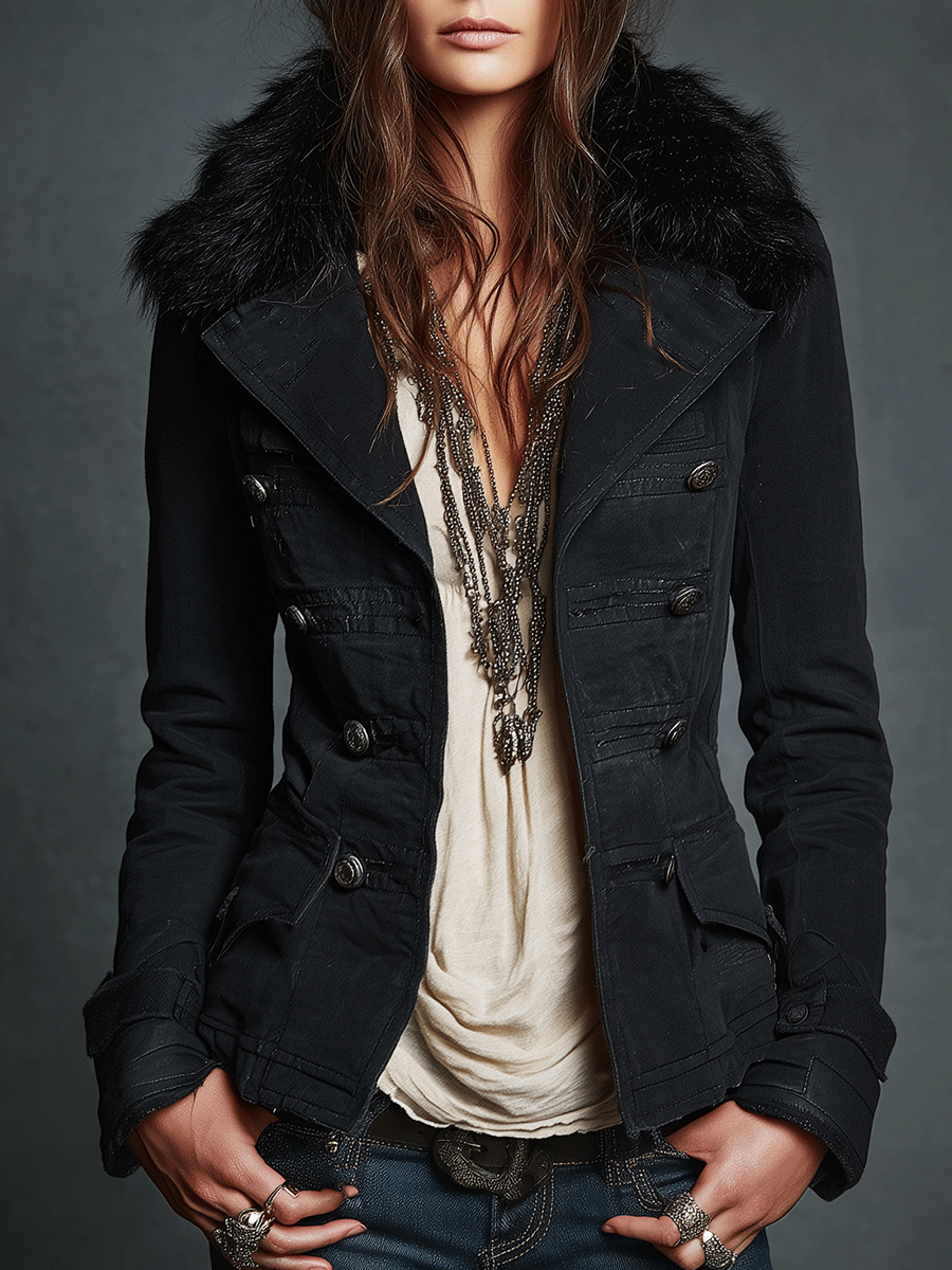 Vintage Black Double-Breasted Faux Fur Collar Jacket