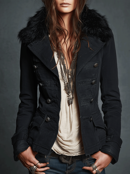 Vintage Black Double-Breasted Faux Fur Collar Jacket