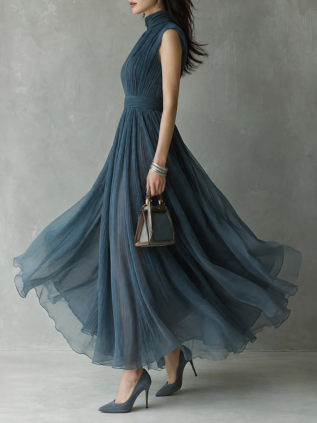 Retro Pleated Chiffon Keyhole Collar Maxi Dress