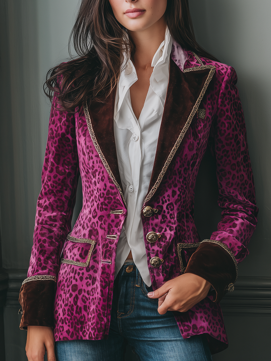 Retro Contrast Collar Metal Trim Leopard Print Velvet Blazer