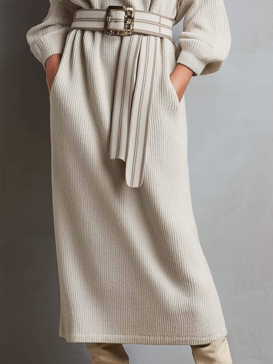Cozy Knit Turtleneck Midi Dress With Matching Knit Belt