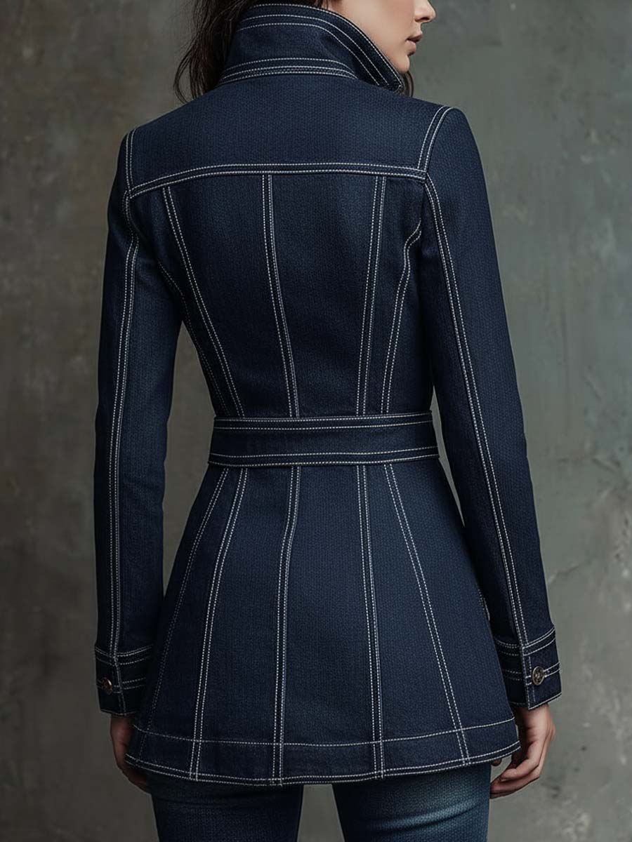 Vintage Wash Denim Long Jacket With Contrast Stitching