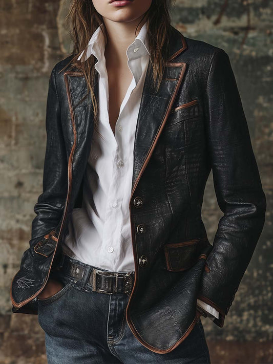 Vintage Black Eco Leather Blazer With Contrast Trim