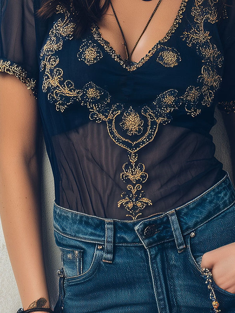 Navy Baroque Embroidered Sheer Short Sleeve Blouse