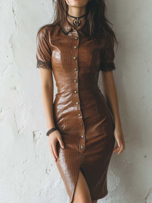 Brown Eco-Leather Vintage Button Bodycon Midi Dress