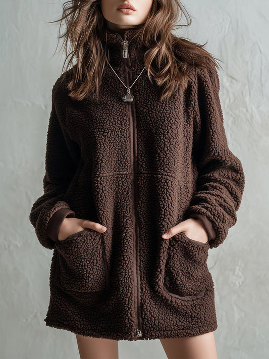 Stylish Polar Fleece Front Zipper Straight Mini Dress