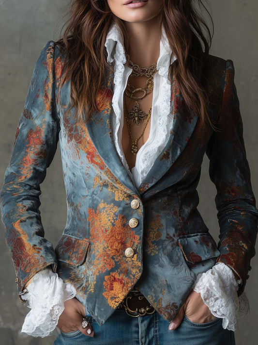 Retro Oil Painting Style Polyester Velvet Printed Double-breasted Blazer