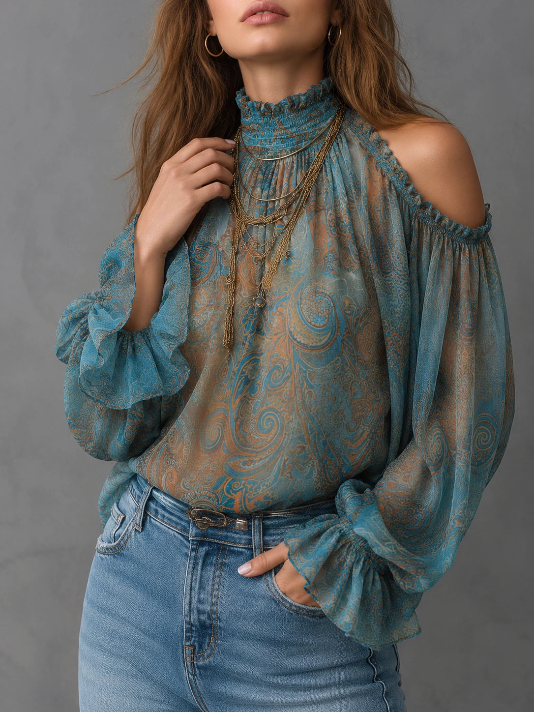 Vintage Cold Shoulder Paisley Blouse