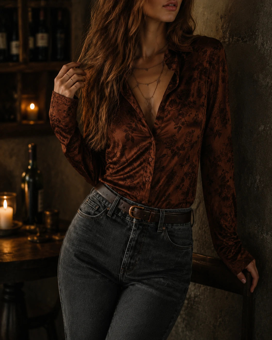 Vintage Rose Pattern Brown Button-Down Shirt