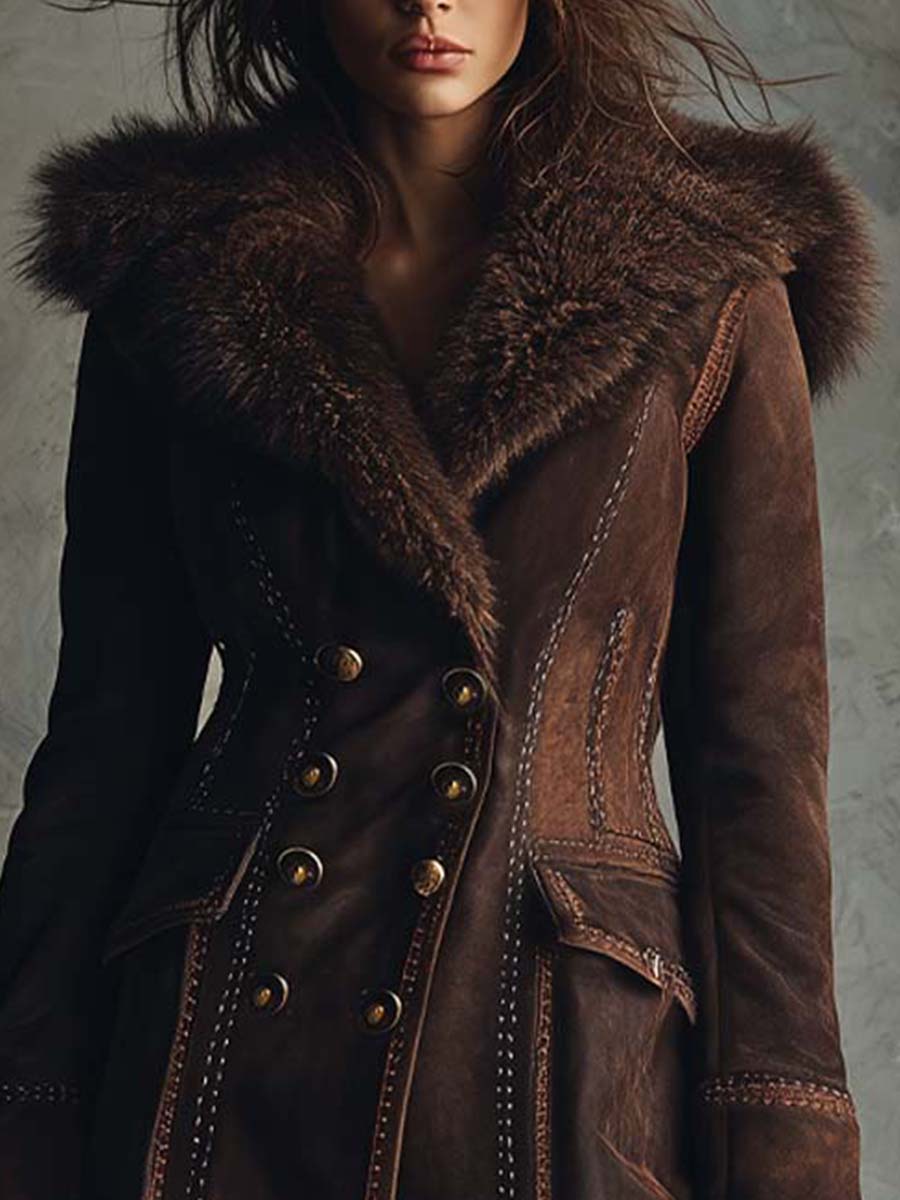 Vintage Brown Eco-Suede Coat with Full Shearling Lining and Fur Collar