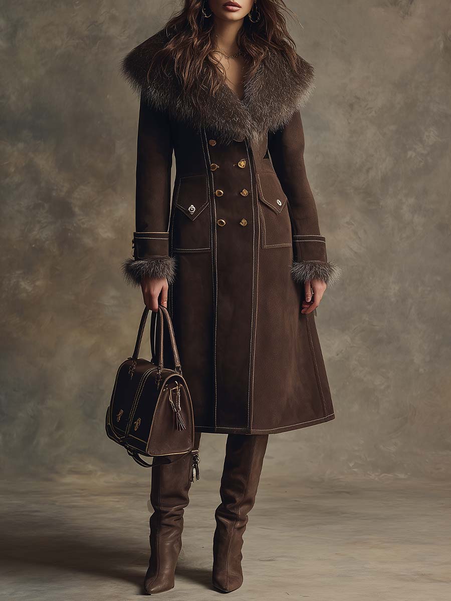 Vintage Brown Eco-Suede Double-Breasted Coat With Faux Fur Collar