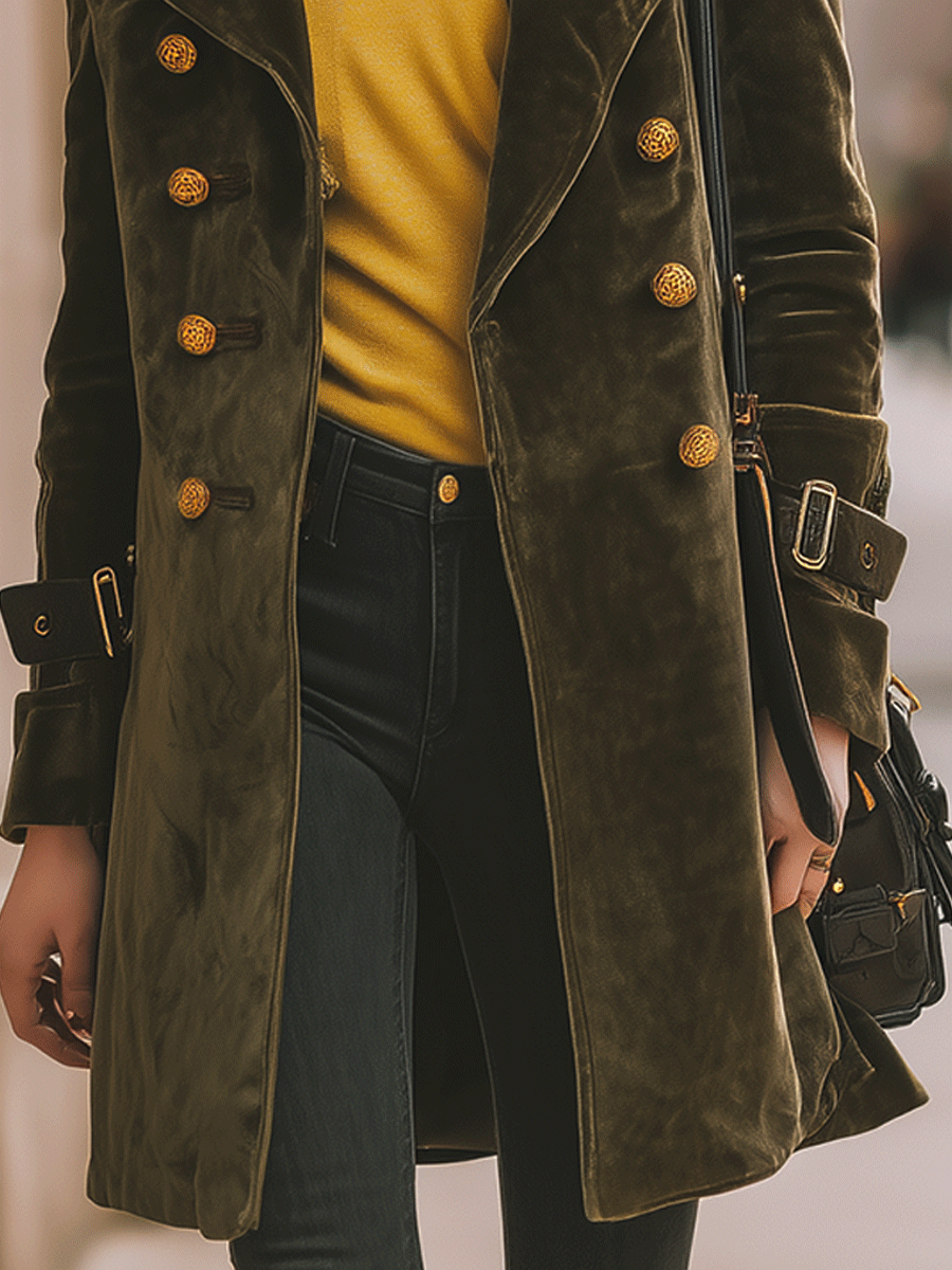 Casual Luxury Velvet Dark Olive Green Coat