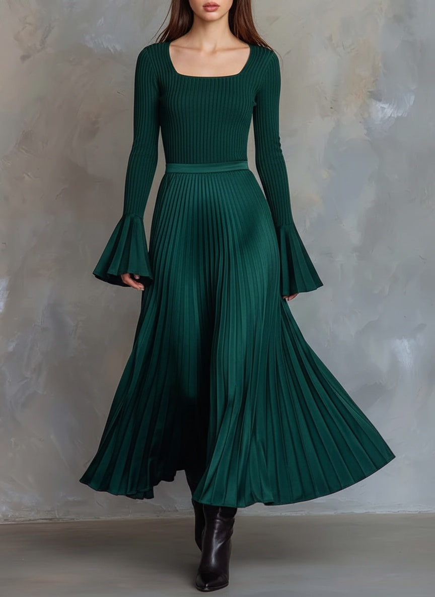 Elegant Ribbed Knit Pleated Midi Dress with Bell Sleeves