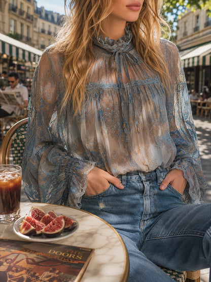Vintage Sheer Paisley Ruffle Blouse