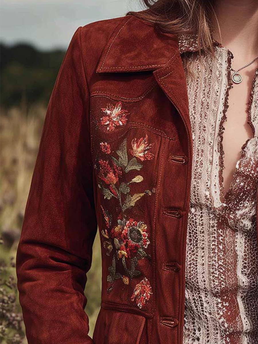 Vintage Brown Embroidered Bohemian Micro Suede Button Jacket