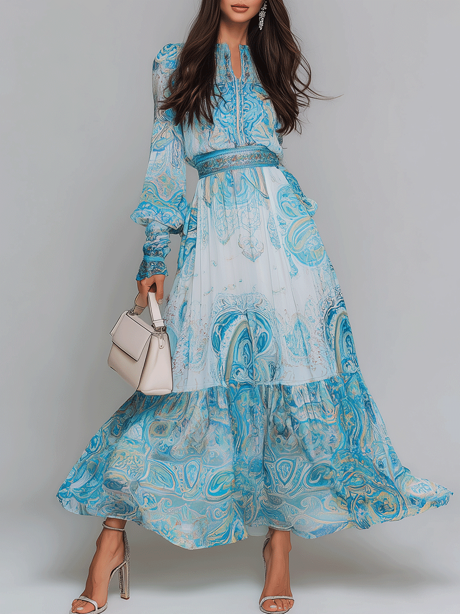 Bohemian Aqua Paisley Lightweight Flowy Maxi Dress
