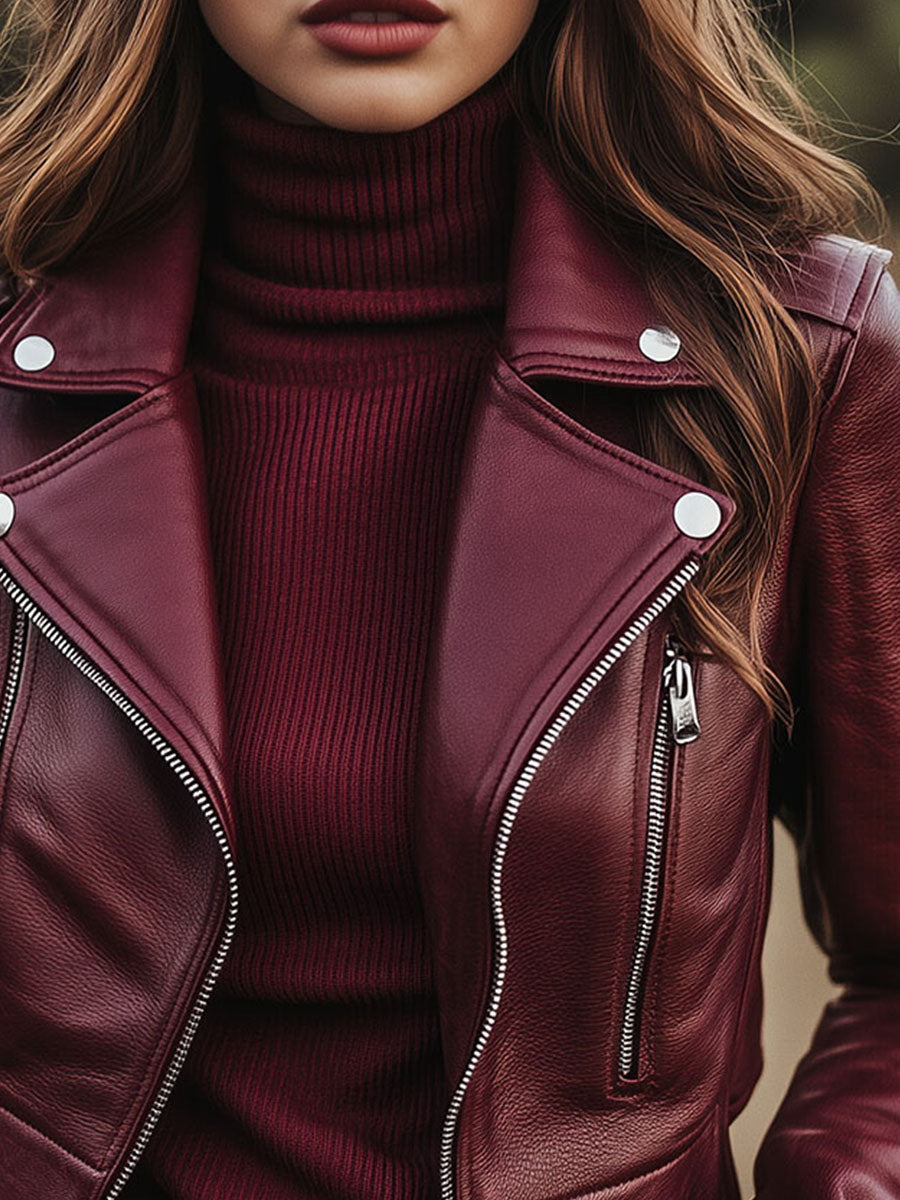 Retro Burgundy Eco Leather Cropped Moto Jacket