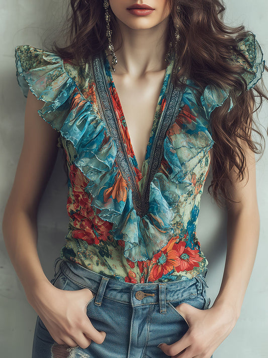 Vintage V-Neck Floral Chiffon Sleeveless Ruffle Blouse