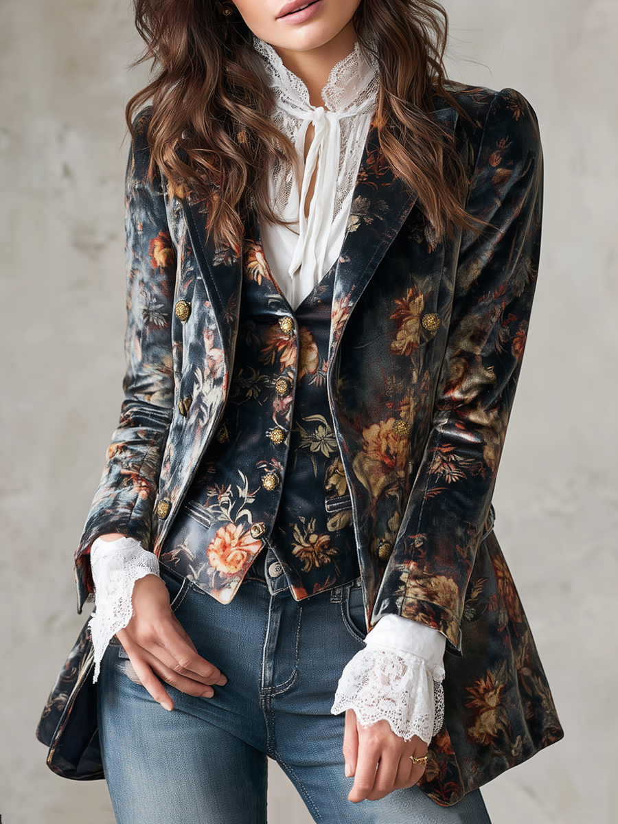 Vintage Floral Print Polyester Velvet Blazer