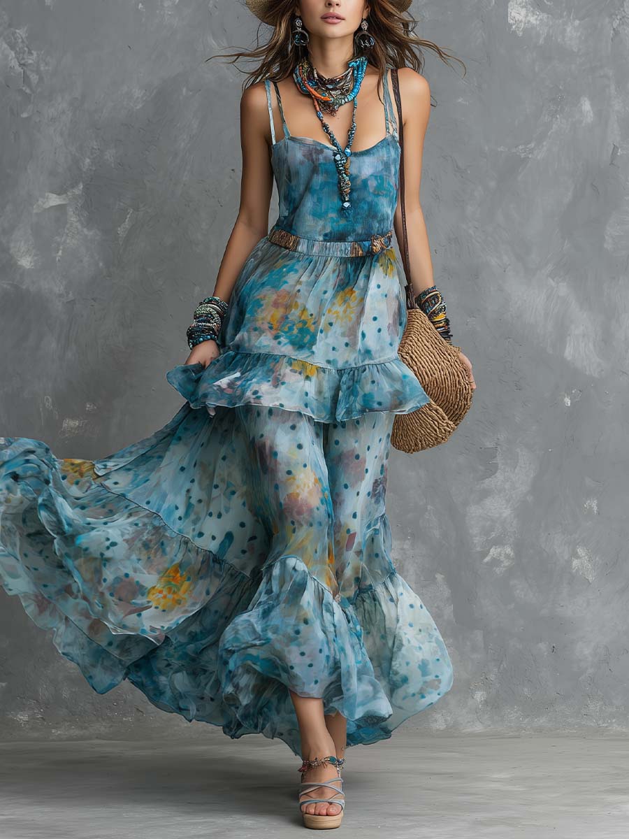 Boho Printed Chiffon Tiered Maxi Dress With Spaghetti Straps