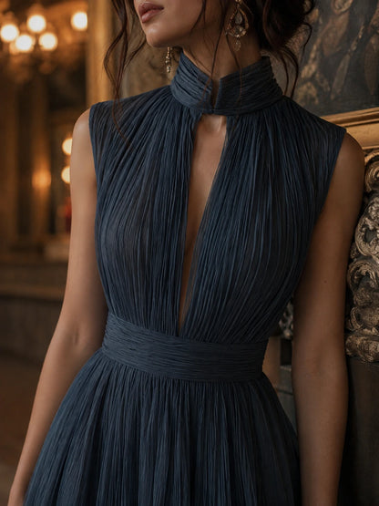 Retro Pleated Chiffon Keyhole Collar Maxi Dress