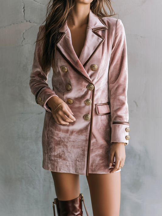 Elegant Dusty Pink Double-Breasted Velvet Blazer Dress