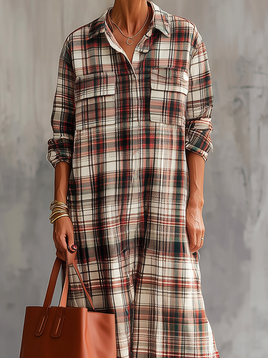 Bohemian Plaid Cotton Blend Shirt Midi Dress
