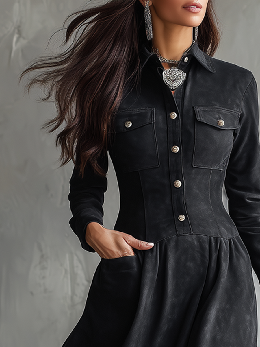 Vintage Button Long-sleeved Suede Midi Dress