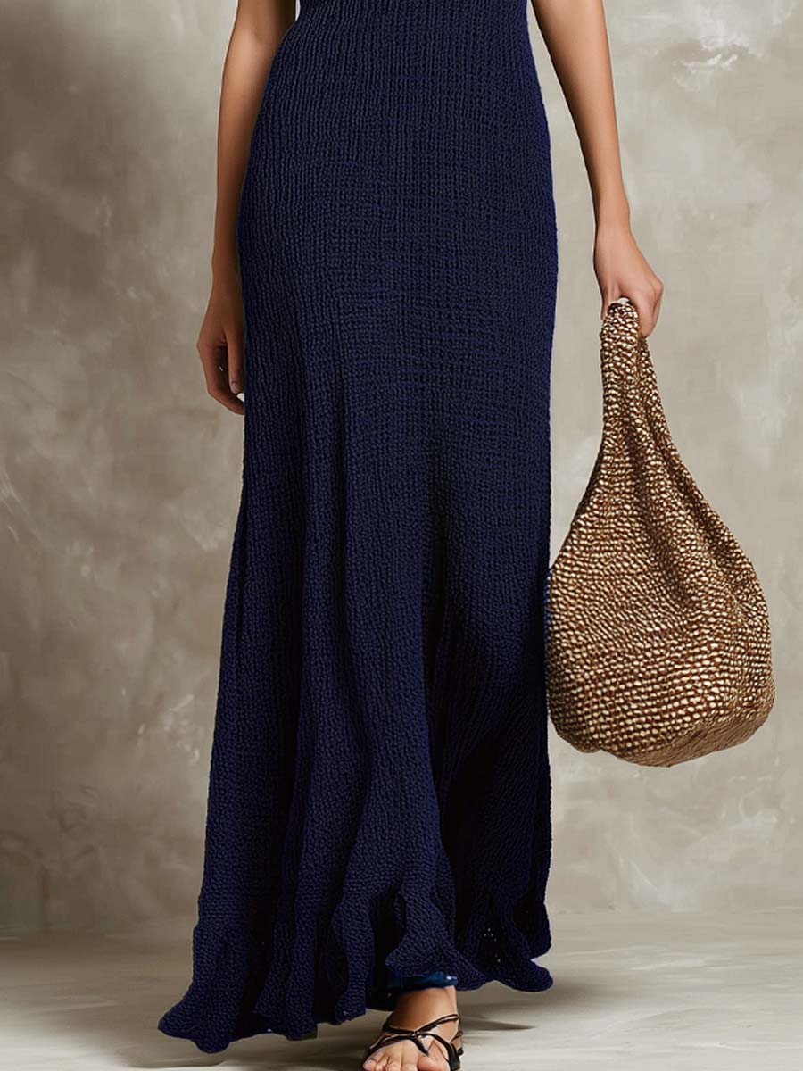 Vintage V-neck Fitted Knit Midi Dress