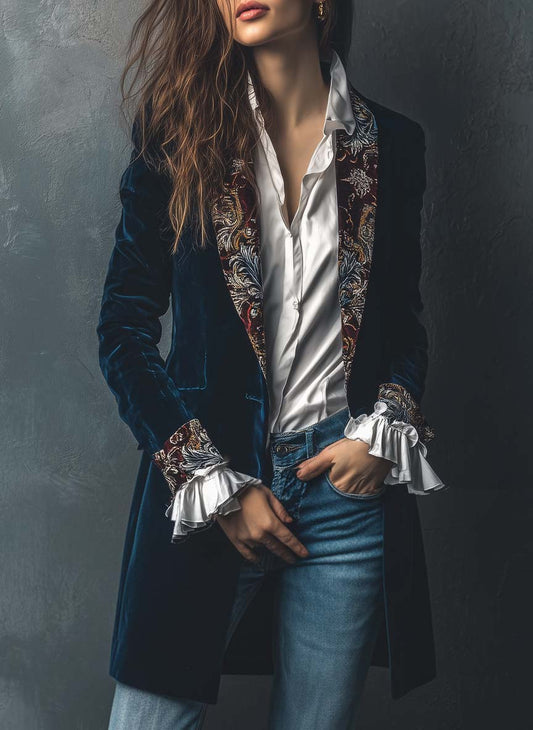 Velvet Blazer With Printed Lapel And Cuffs – Vintage Indigo Elegance