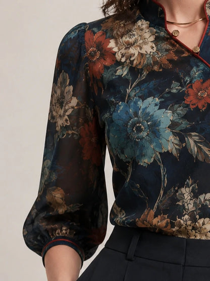 Navy Botanical Chinoiserie Chiffon Blouse