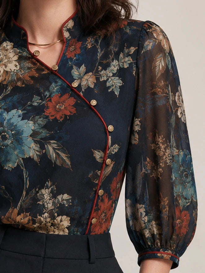 Navy Botanical Chinoiserie Chiffon Blouse
